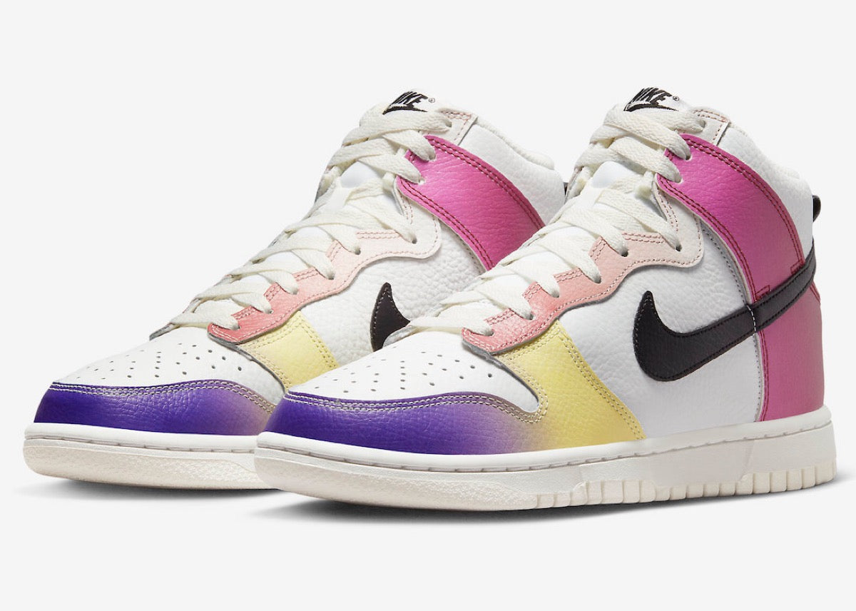 NIKE WMNS DUNK HIGH appears with “MULTI GRADIENT” look