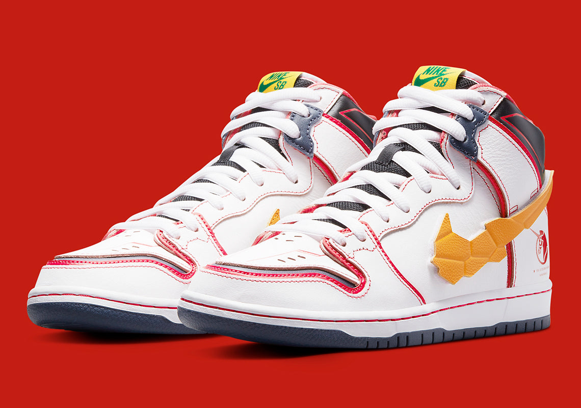 Official images of The Unicorn Gundam x Nike SB Dunk High - White colorway.