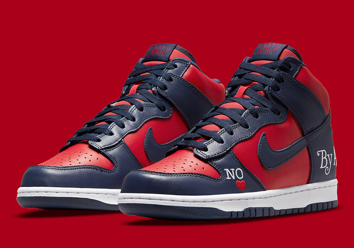 Hình ảnh chính thức của :The Supreme x Nike SB Dunk High "By Any Means" Navy / Red