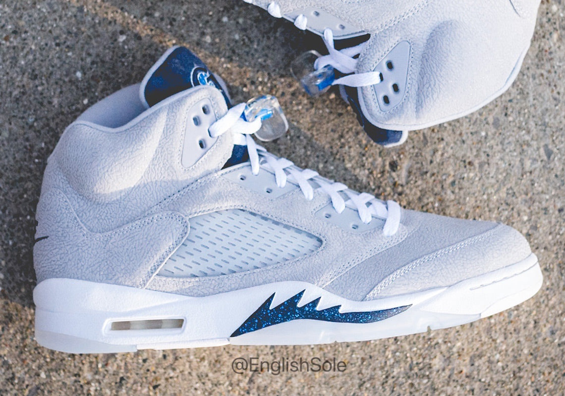 Close-up of the exclusive Air Jordan 5 PE "Georgetown" .