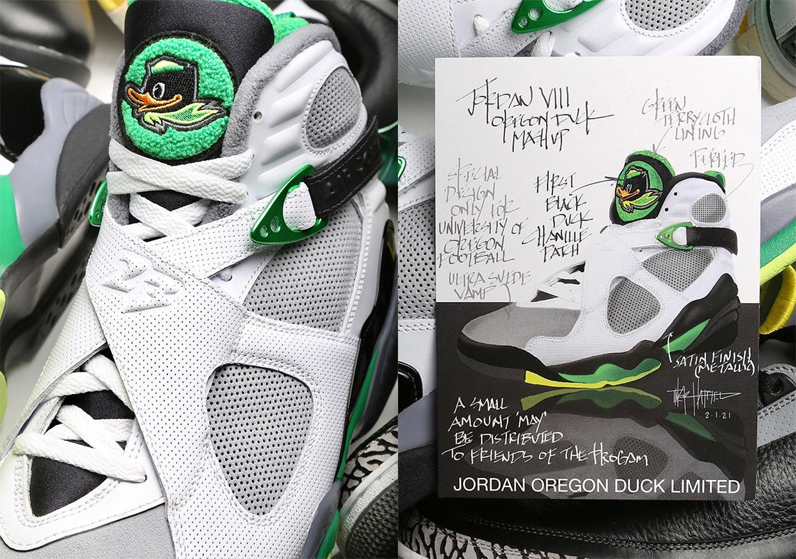 Tinker Hatfield thiết kế riêng một đôi Air Jordan 8 PE dành cho đội bóng đá Oregon Ducks.