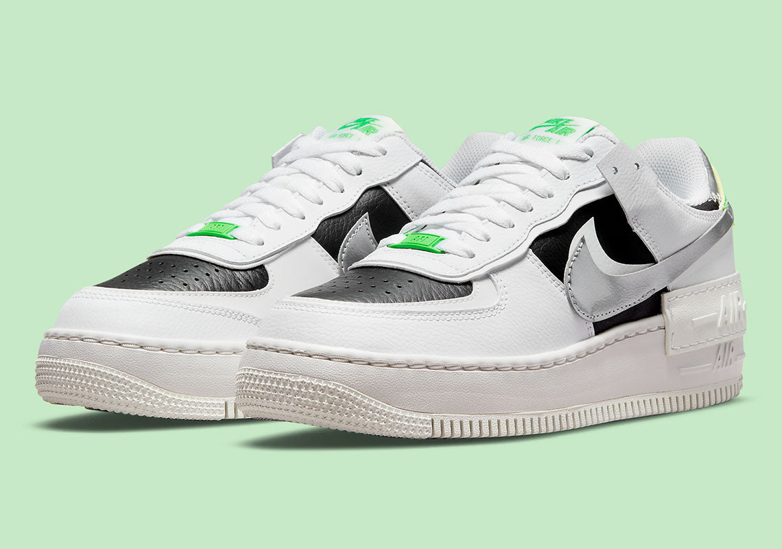 Chrome Swooshes stand out on the Nike Air Force 1 Low Shadow.