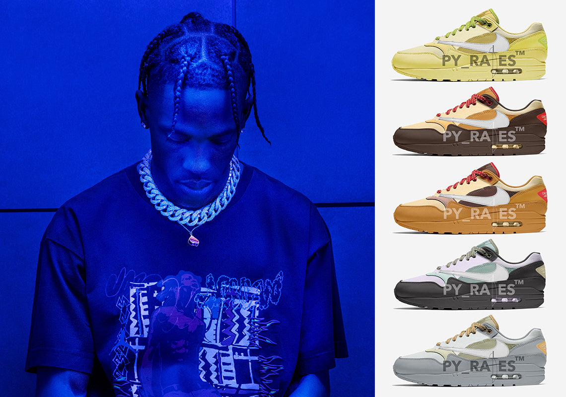 Travis Scott and Nike will release five collaborative versions of the Air Max 1 for holiday 2021.