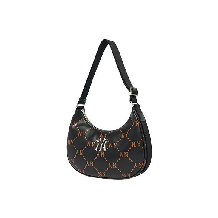 MLB Monogram Collection Polyester Hobo Pochette Shoulder Bag Crossbody Bag Large Size Unisex Black