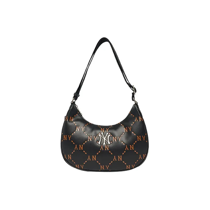 MLB Monogram Collection Polyester Hobo Pochette Shoulder Bag Crossbody Bag Large Size Unisex Black